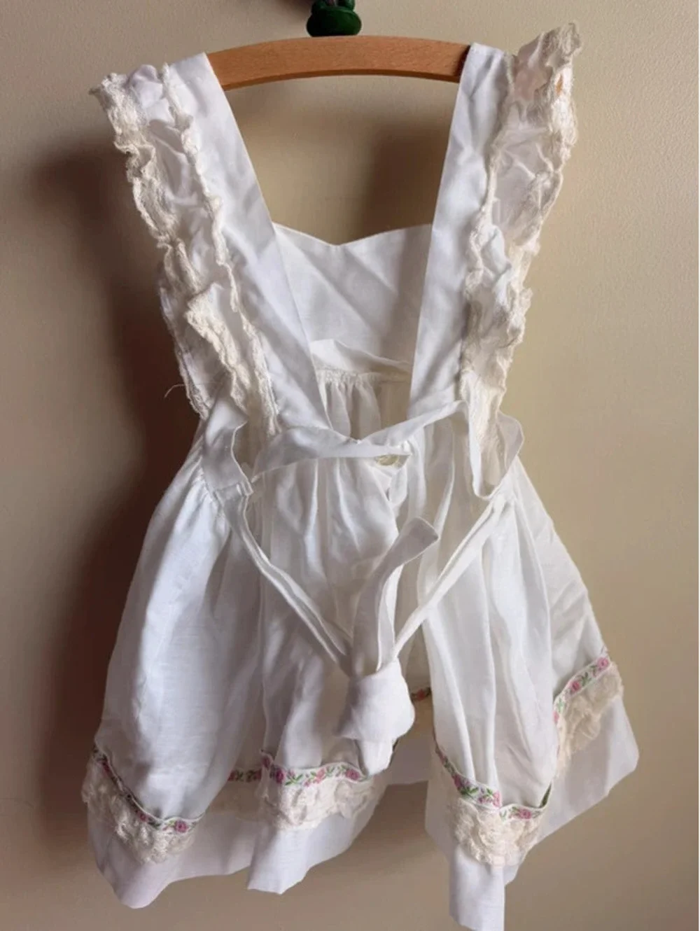 Vintage Handmade White Pinafore Apron Dress Floral Lace Trim Cottagecore 2T